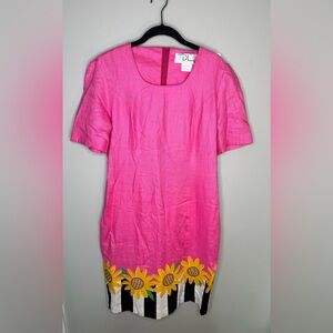 Deborah Laws Vintage Pink Linen Sunflower Embroidered Dress - 12, Colorful, Art